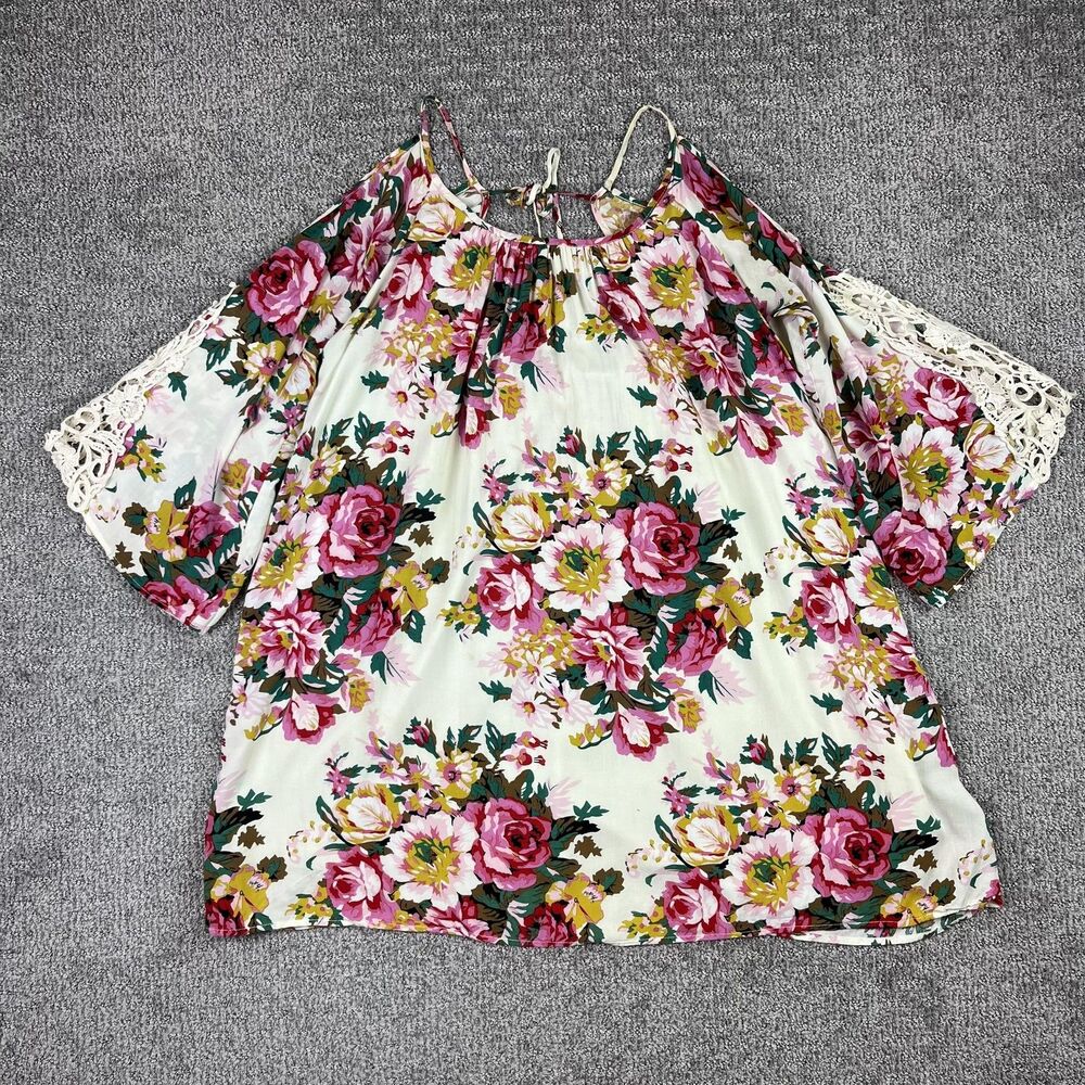 Umgee Dress Womens Large White Mini Swing Floral Bell Sleeve Boho Crochet Spring